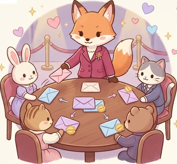 Q版小动物围坐桌前交换信件的插画